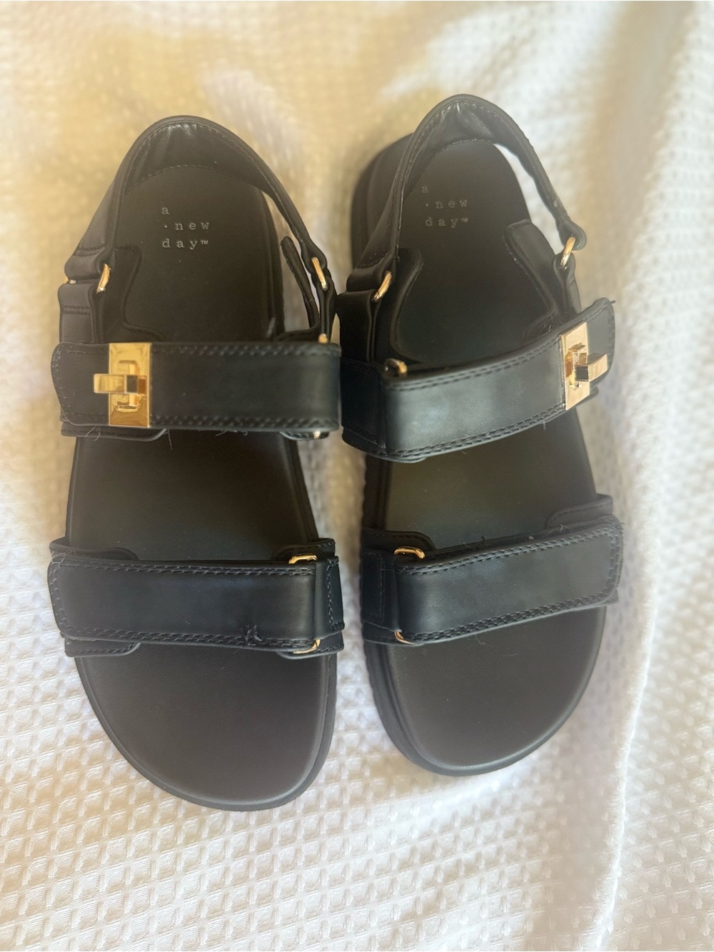 a new day Black womens' Sandals with Gold Buckle Accents